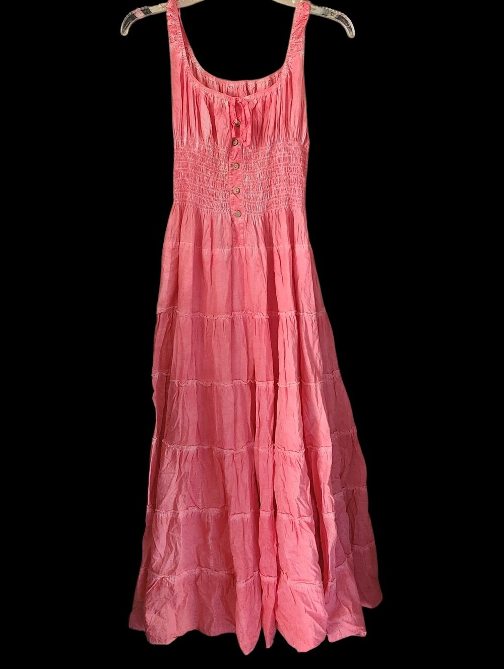 🌸 Octavva Coral Pink Smocked Tiered Maxi Peasant Dress 🌸